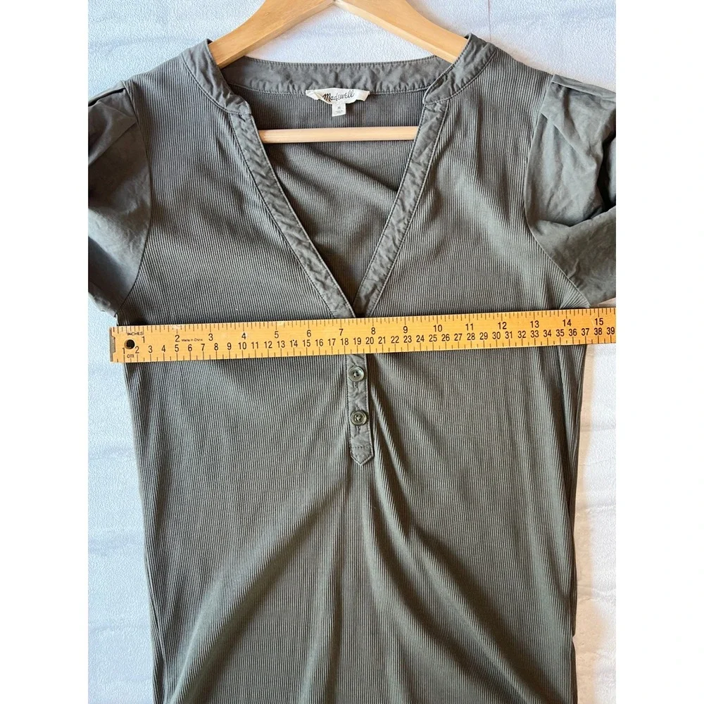 Madewell Olive Green Ribbed Puff Sleeve Henley Top Medium Cottagecore fairycore